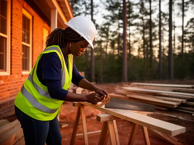 A builder cutting a board with a hand saw on sawhorses.