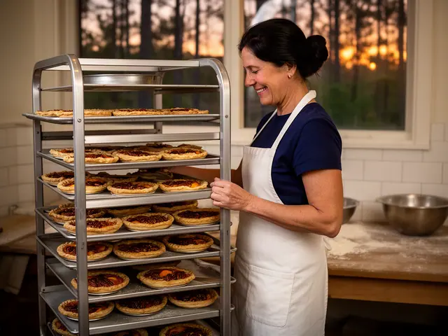 A woman with dark hair in a low bun beside new equipment in a small pie bakery.