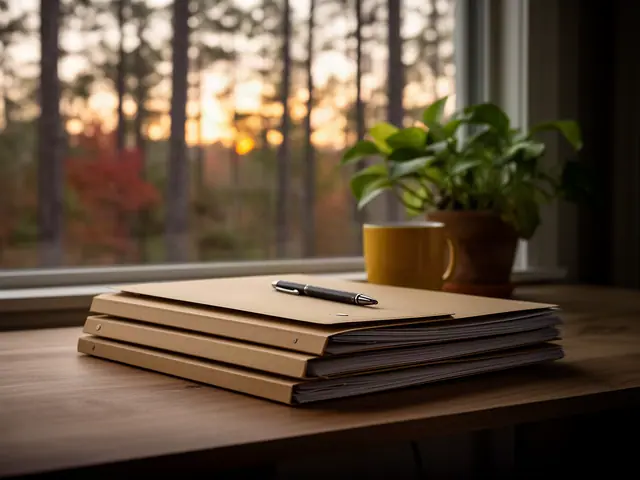 A neat stack of closed manila folders and a pen on a desk by a window.