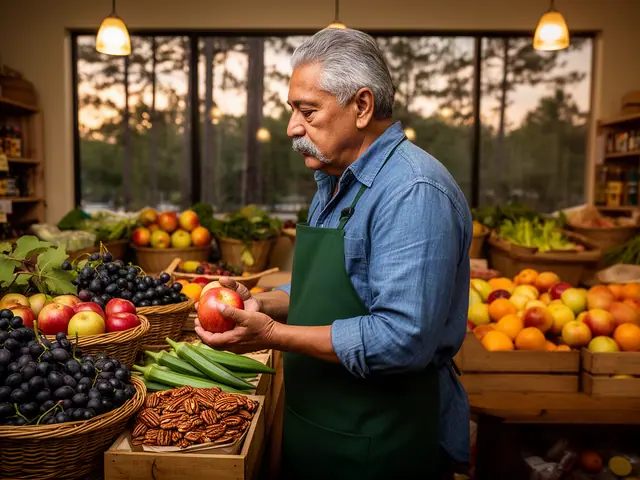A grocer in an apron beside a fresh produce display.