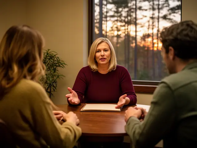 An insurance agent talking with a couple at a round table.