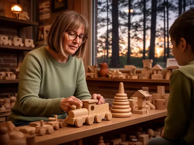 A toy-shop owner arranging wooden toys on a shelf.