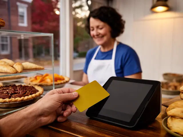 A customer taps a card on a counter terminal at a small pie bakery.