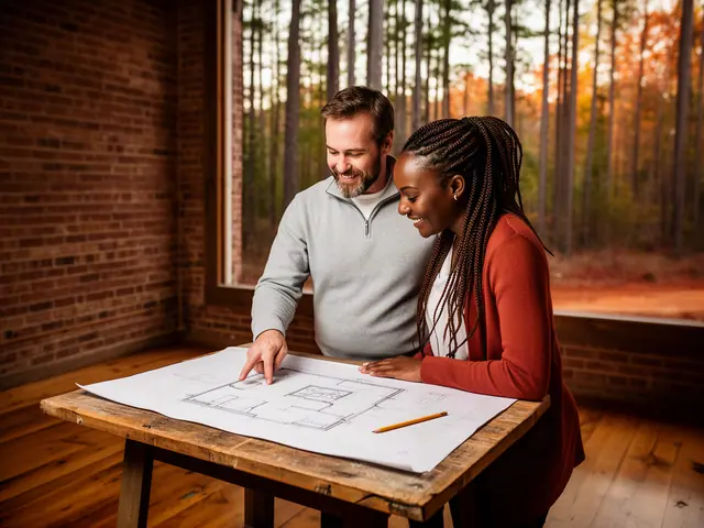 Two business partners looking over a pencil floor sketch in an empty storefront.